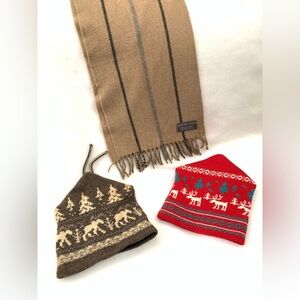 Collection of 100% Wool knitted Beanies with wool scarf.